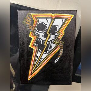 Original painting. 4”x4” skull in lightning. Signed Mike Comer